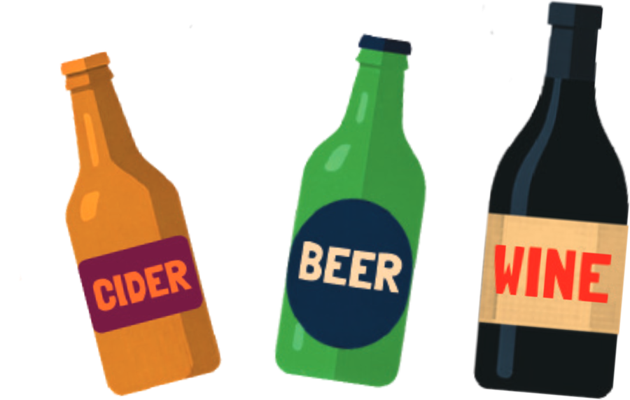 Illustrated cider, beer and wine bottles